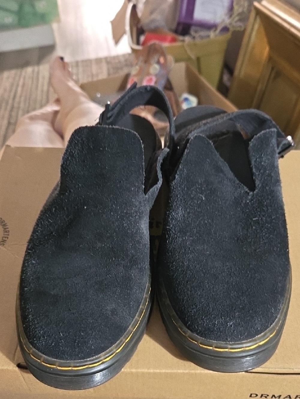Dr. Martens Carlson Black Suede Slides With Back Strap, Size 8